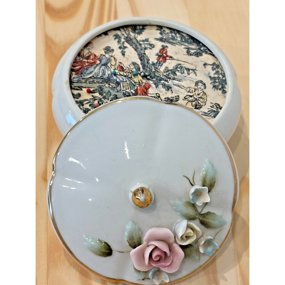 Vintage‎ Karen Carson Creations Porcelain Floral Tapestry Pin Cushion Rare